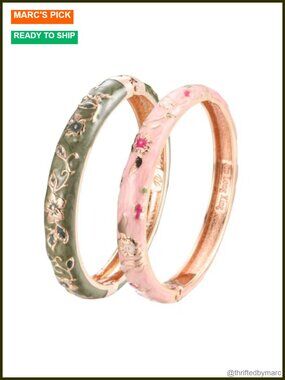2 Pcs Enameled Bangle Bracelets Set - Butterfly Flowers Cloisonne Cuff Gift Box